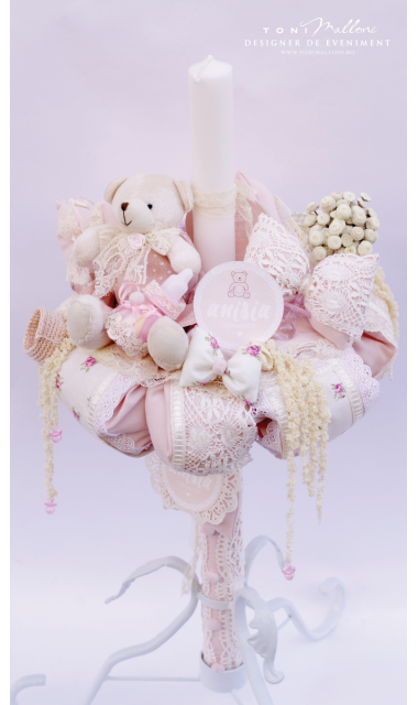 Lumanare de botez pentru fete, cu flori si ursuleti, 65x4 cm, Baby Charm 3